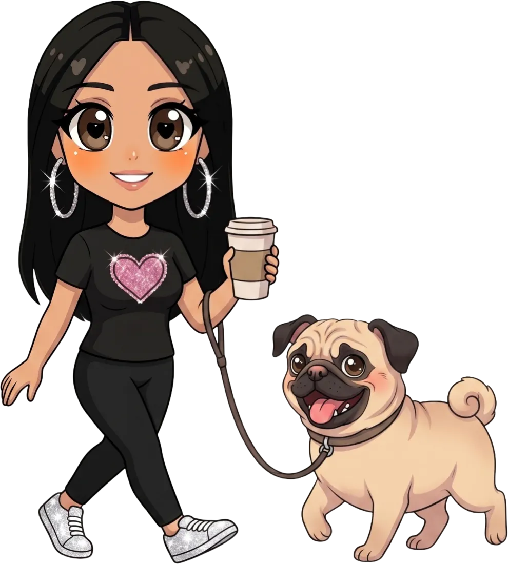 Maria walking with her coffee